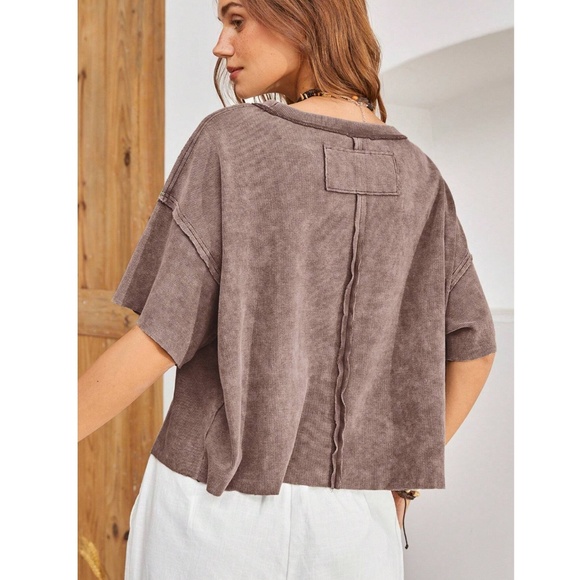 Coffee Brown Cotton Oversized Tee Shirt Raw Hem and Inside Out Stitches - Picture 5 of 9